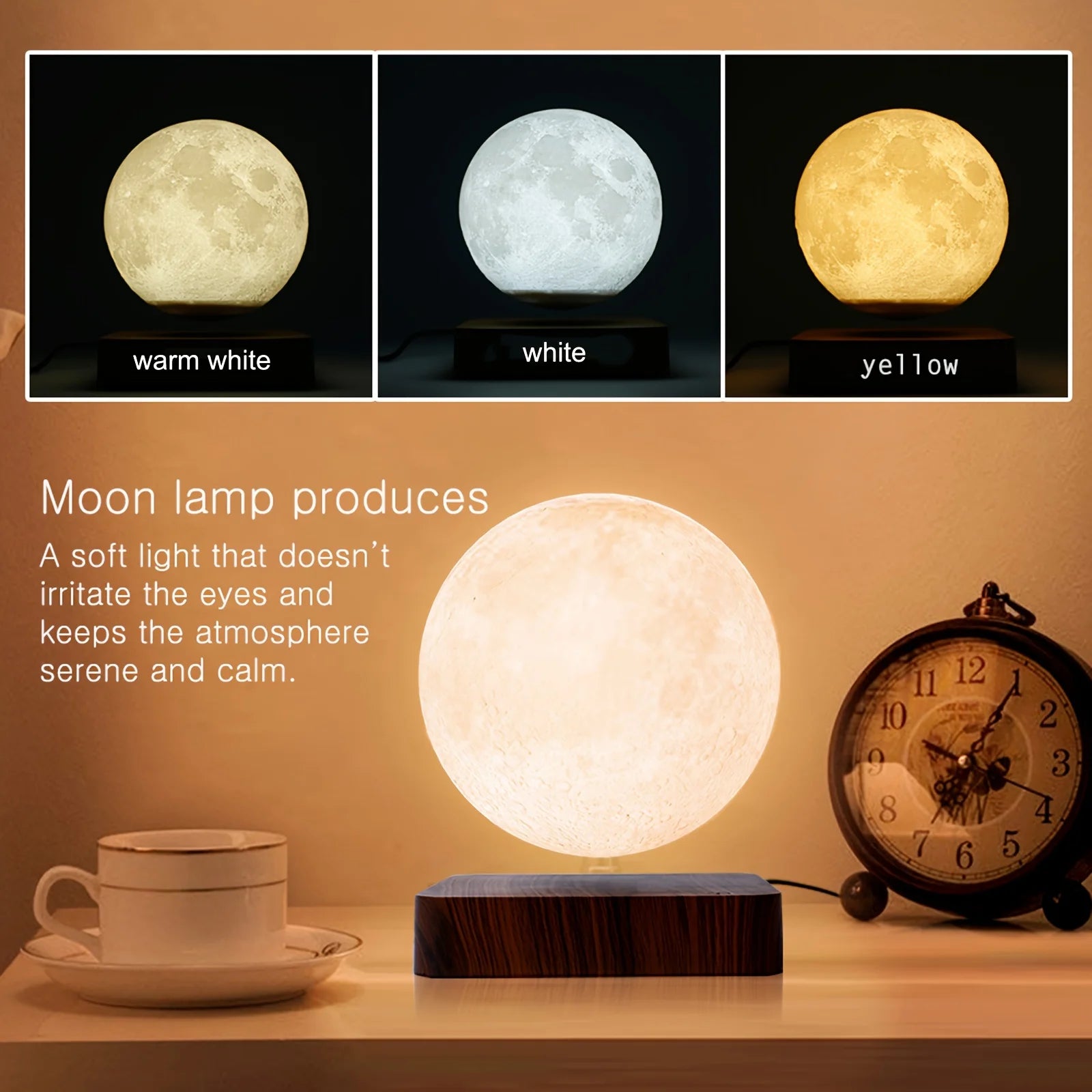 Levitating Moon Table Lamp, Magnetic Floating Night Light with 3 Lighting Modes, 3D Printed Levitation Bedside Table Lamp for Of